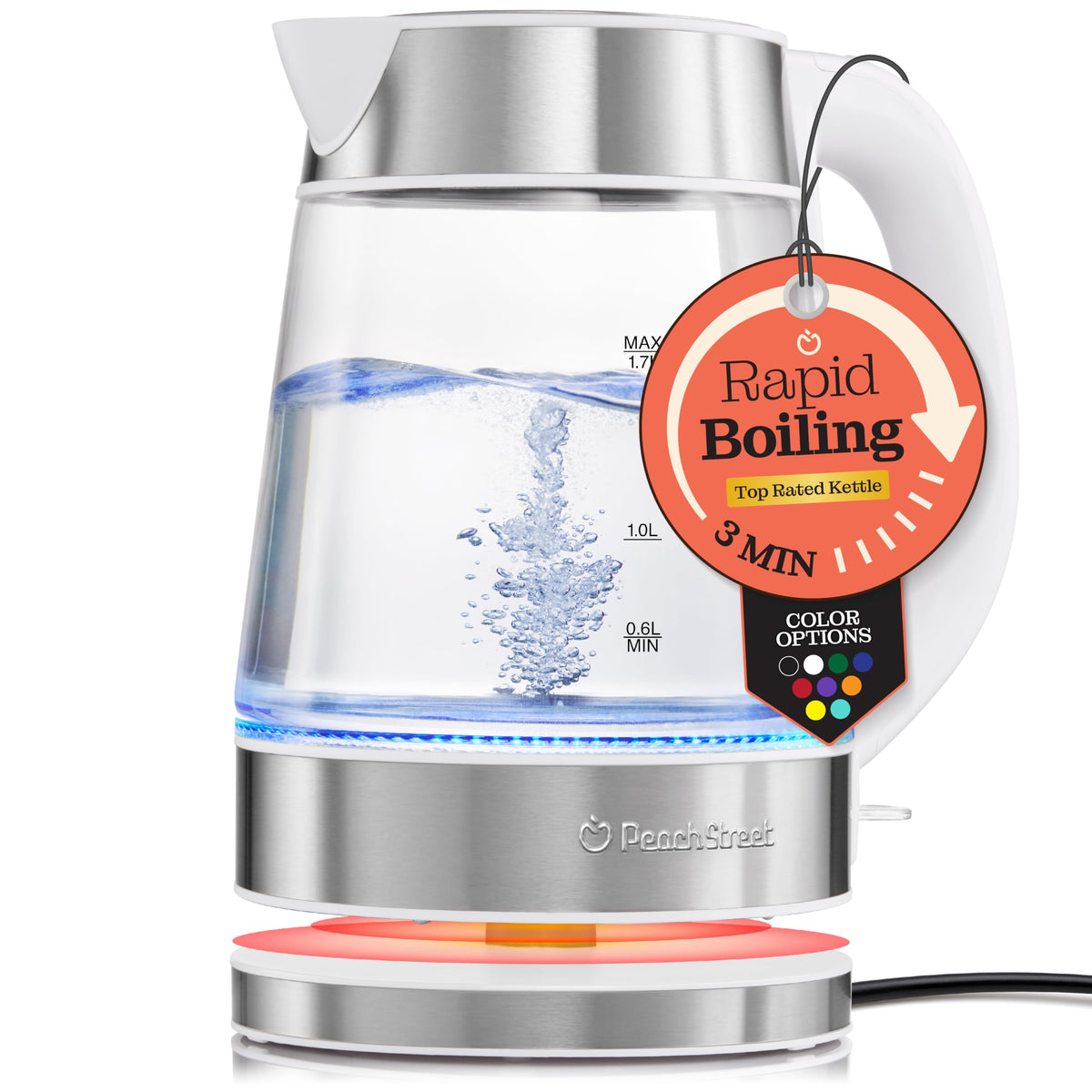 Hervidor Peach Street Speed-Boil de vidrio borosilicato, ver el nivel de agua con claridad.