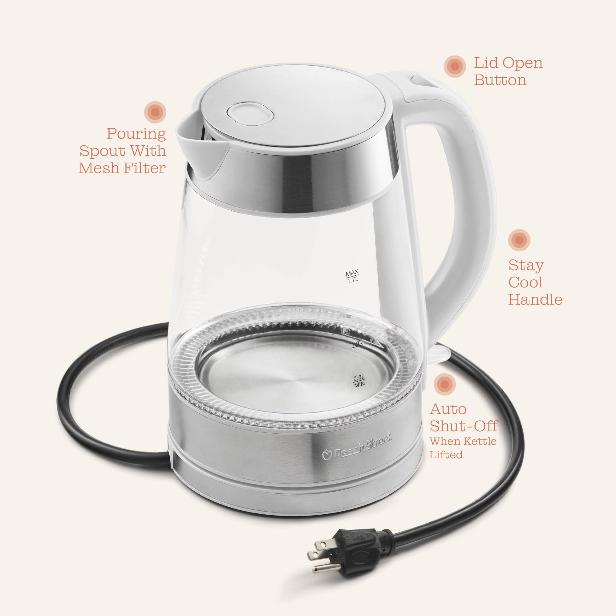 Materiales duraderos: vidrio borosilicato y acero inoxidable en Peach Street Speed-Boil.