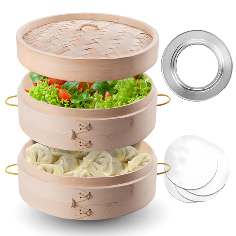 Pearlswan Cesta vaporera de bambú 10 pulgadas con dos niveles para dim sum y verduras al vapor