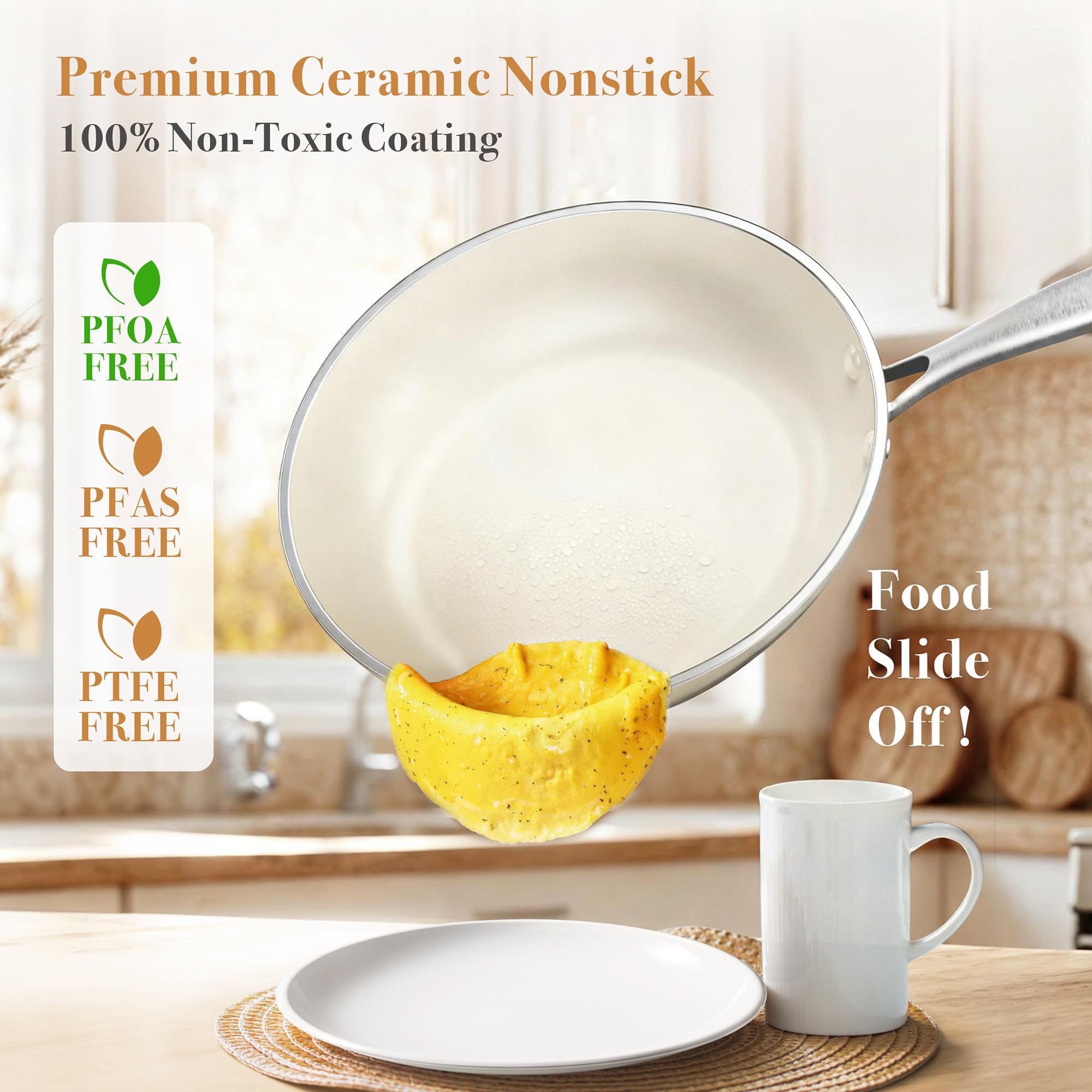 PekGema cazo 1,5qt con tapa cerámica crema para cocción controlada.