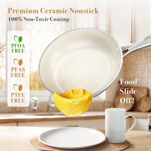 PekGema cazo 1,5qt con tapa cerámica crema para cocción controlada.
