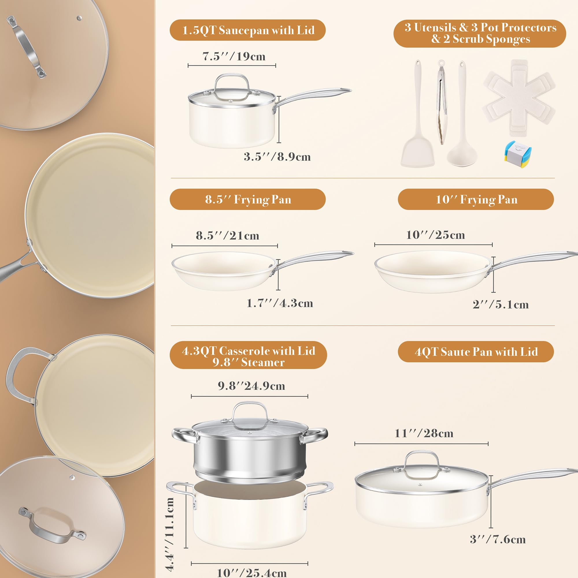 PekGema sartén 8,5 pulgadas cerámica crema con antiadherente eficiente.