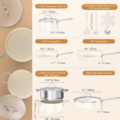 PekGema sartén 8,5 pulgadas cerámica crema con antiadherente eficiente.