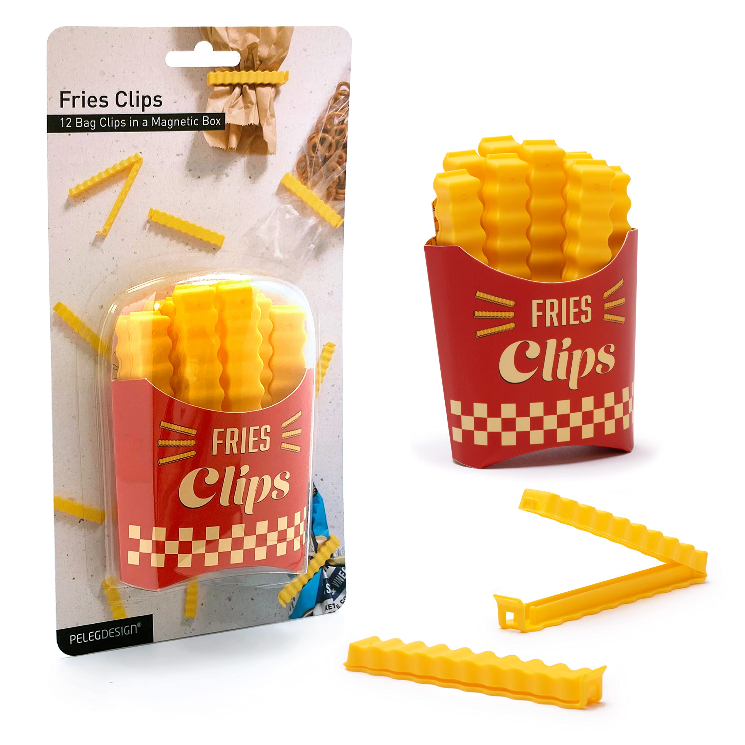 Peleg Design clips para bolsas en forma de papas fritas, sellan y conservan frescura.