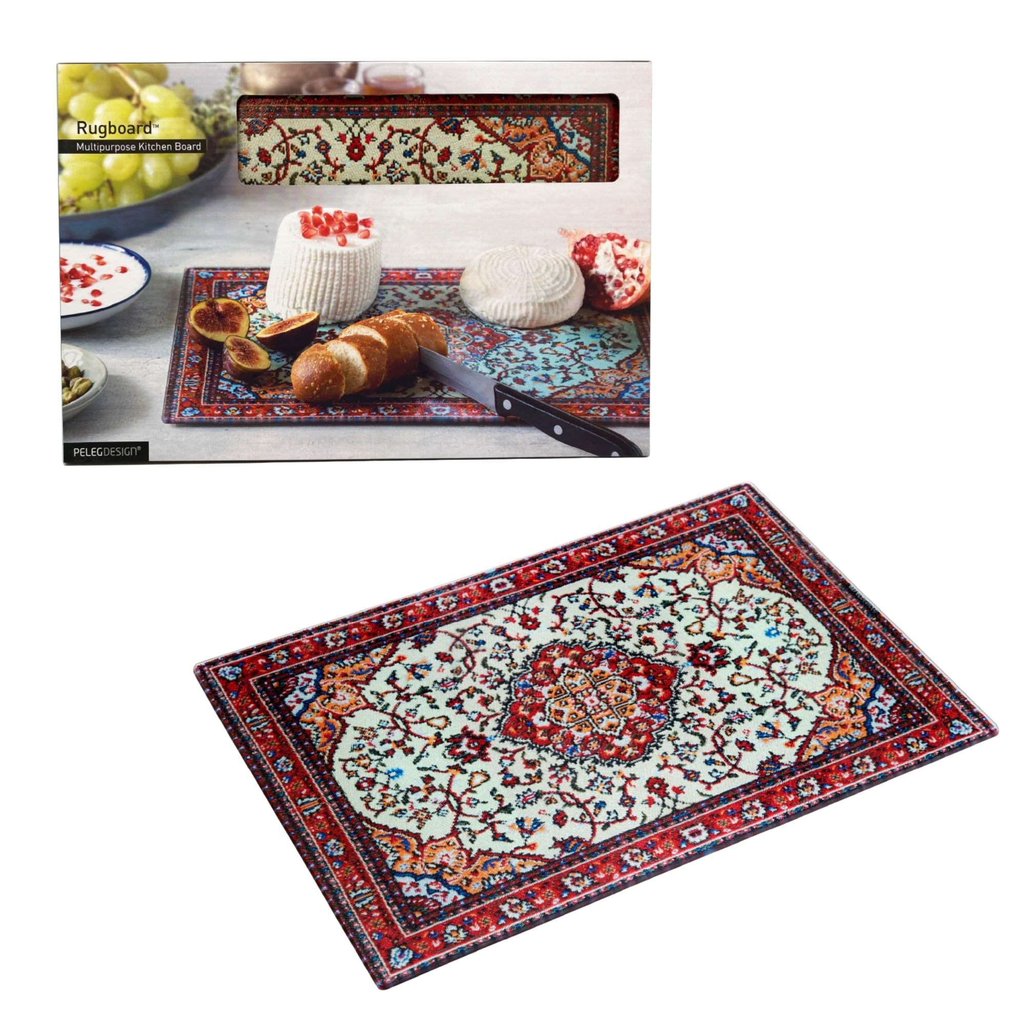 PELEG DESIGN Rugboard: tablero de vidrio templado con diseño alfombra persa para cortar y servir.