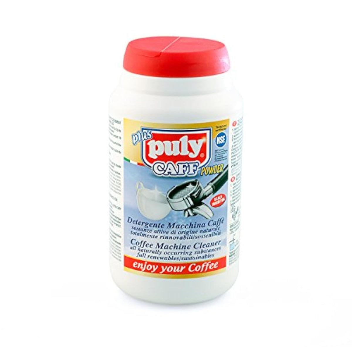 pendoo Puly Caff Plus, envase de limpiador para cafetera, ayuda a eliminar aceites del café.