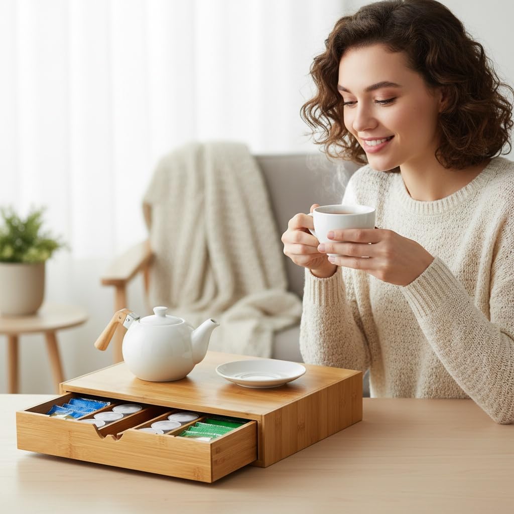 Peohud cajón para pods de café de bambú, almacenamiento limpio.