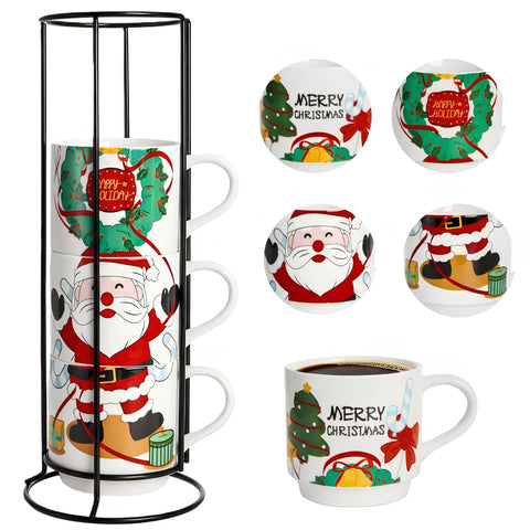 Peohud juego de tazas navideñas apilables con Santa, ideal como centro festivo.