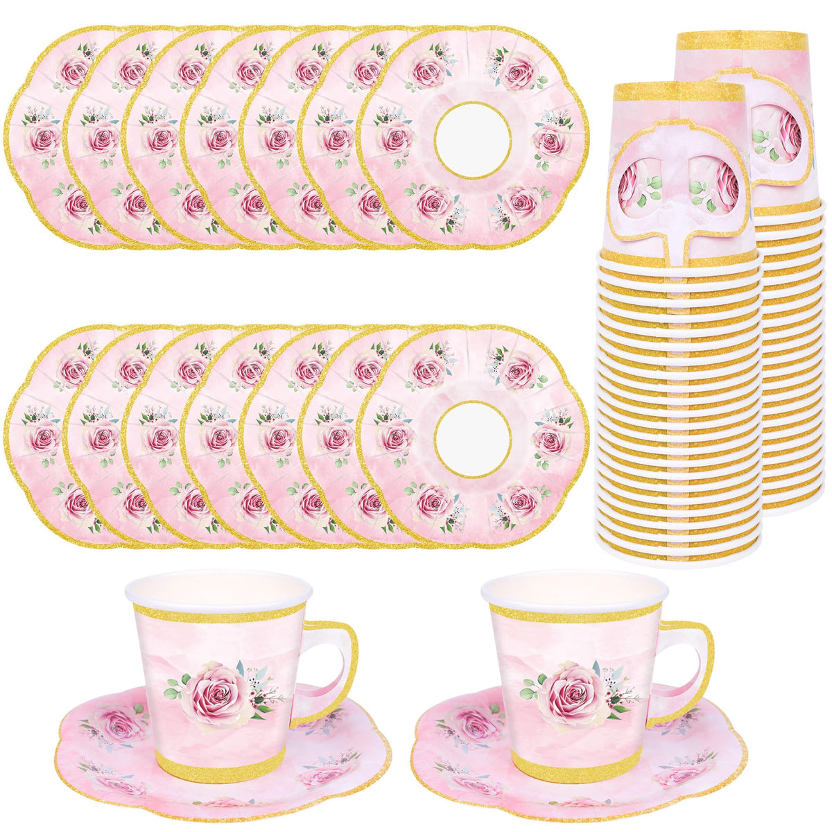 Peony Man tazas de té de papel con borde dorado y flores rosas, ideales para reuniones