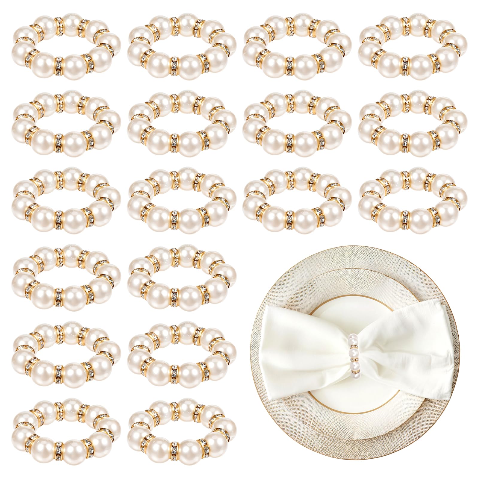 PEOVLVN anillos para servilleta con perla imitación, brillo dorado para bodas