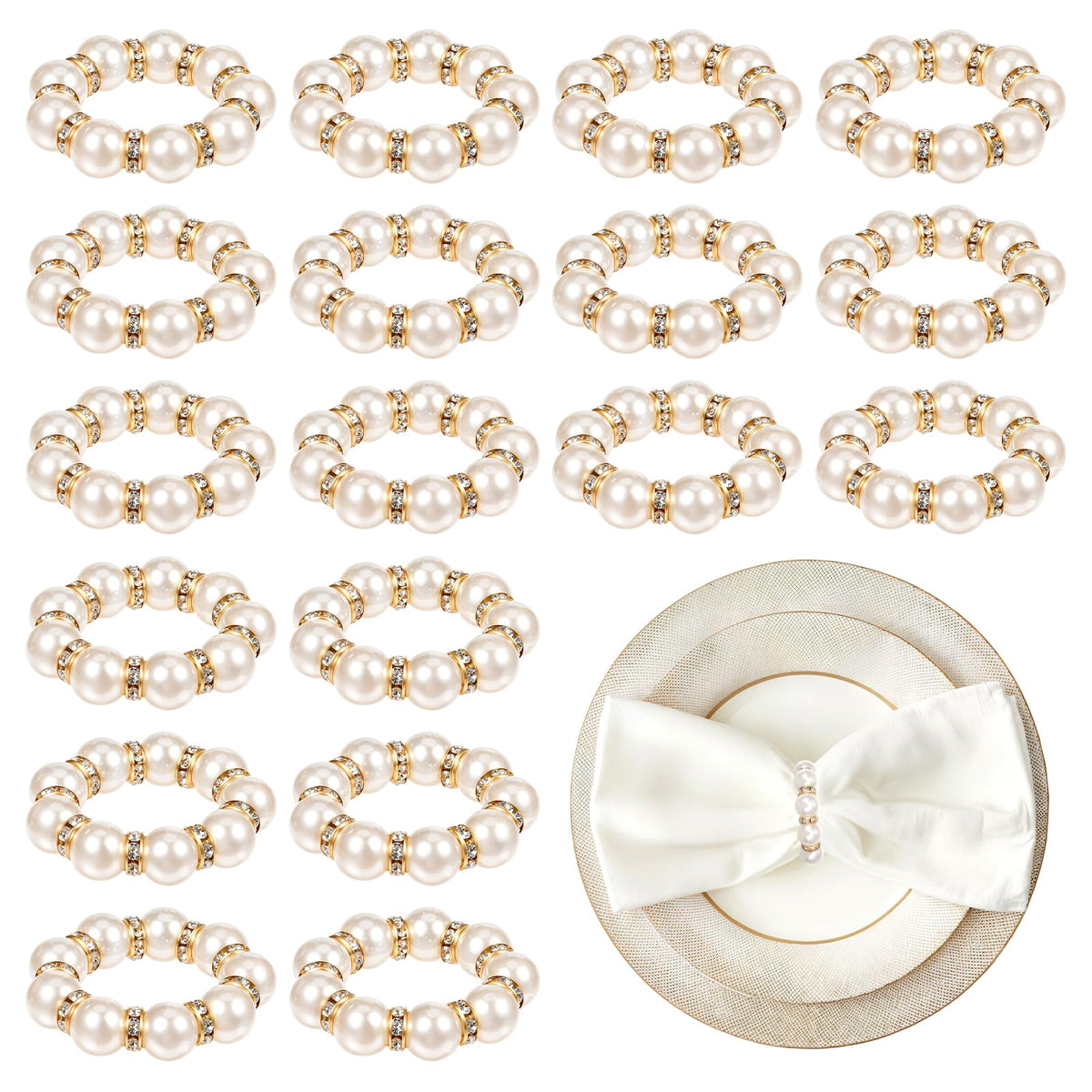 PEOVLVN anillos para servilleta con perla imitación, brillo dorado para bodas