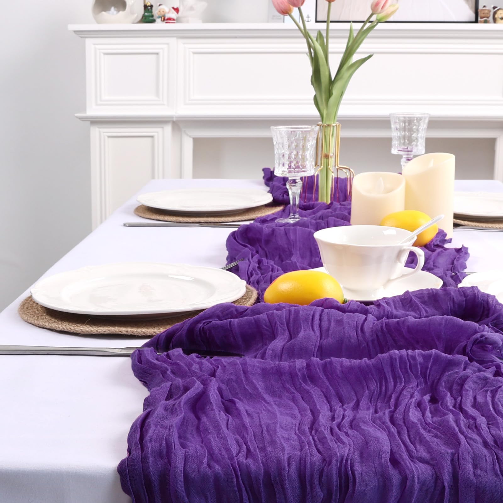 Mantel Pepmily de gasa morada para bodas y fiestas.