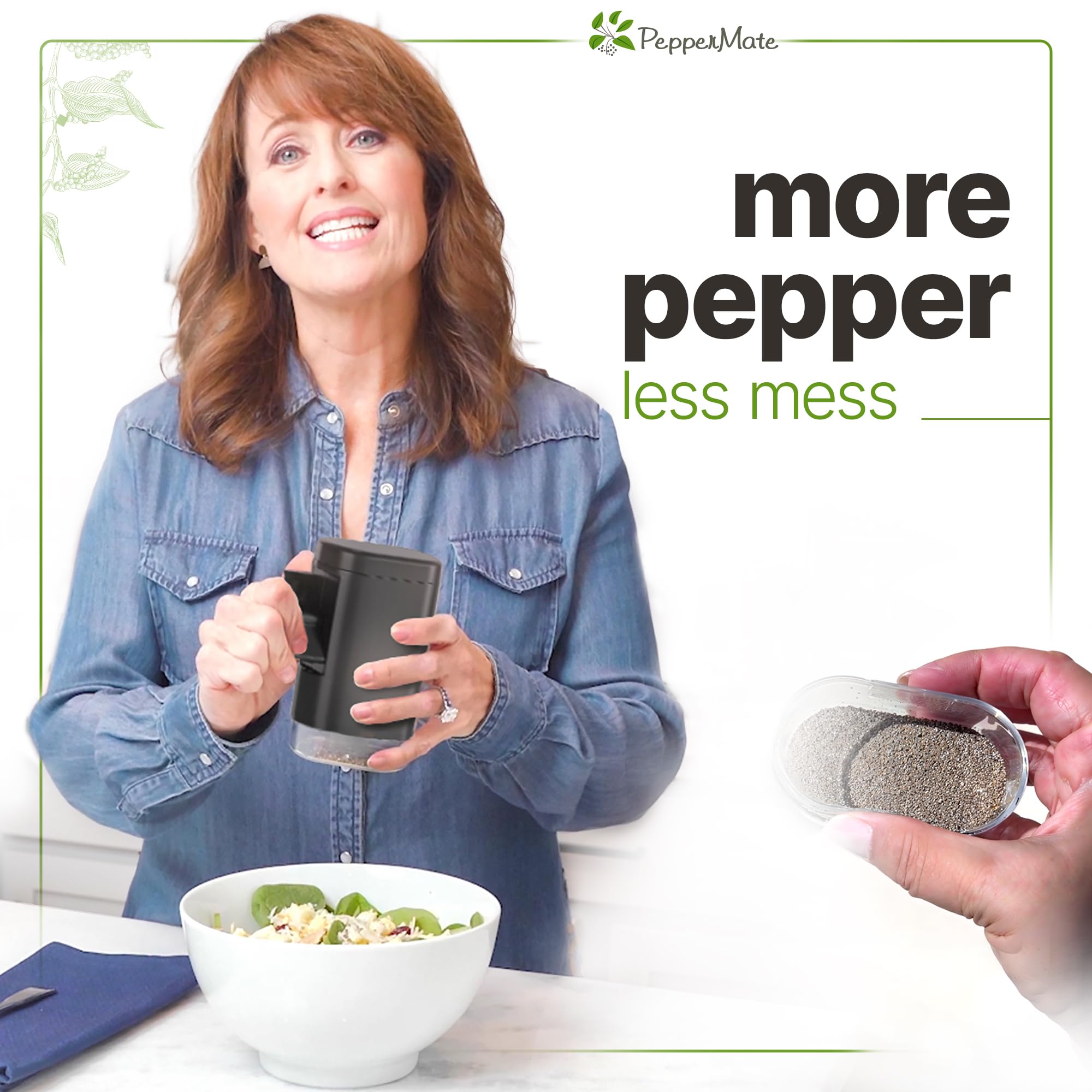 PepperMate molinillo con base transparente, control de cantidad de condimentos.