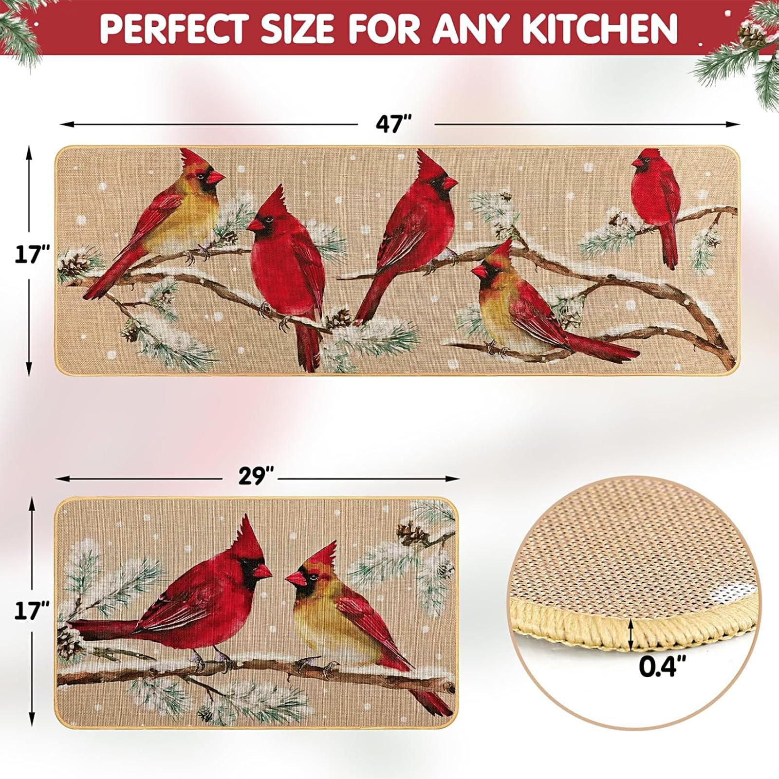 Alfombra Percozzi Cardinal 17x47: cobertura amplia para cocina o entrada con temática invernal.