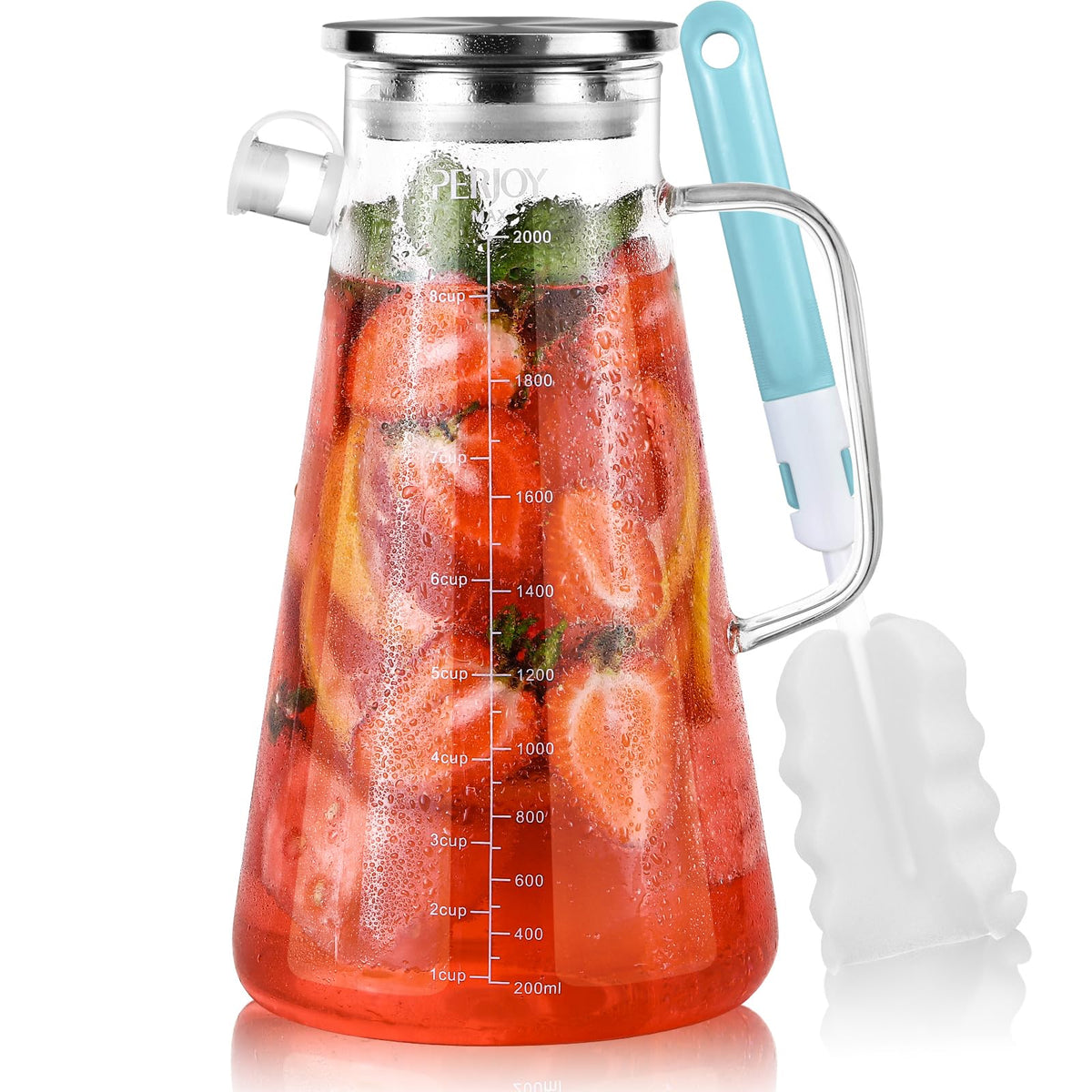 Perjoy jarra de vidrio 68 oz con tapa de acero inoxidable para bebidas frescas y seguras
