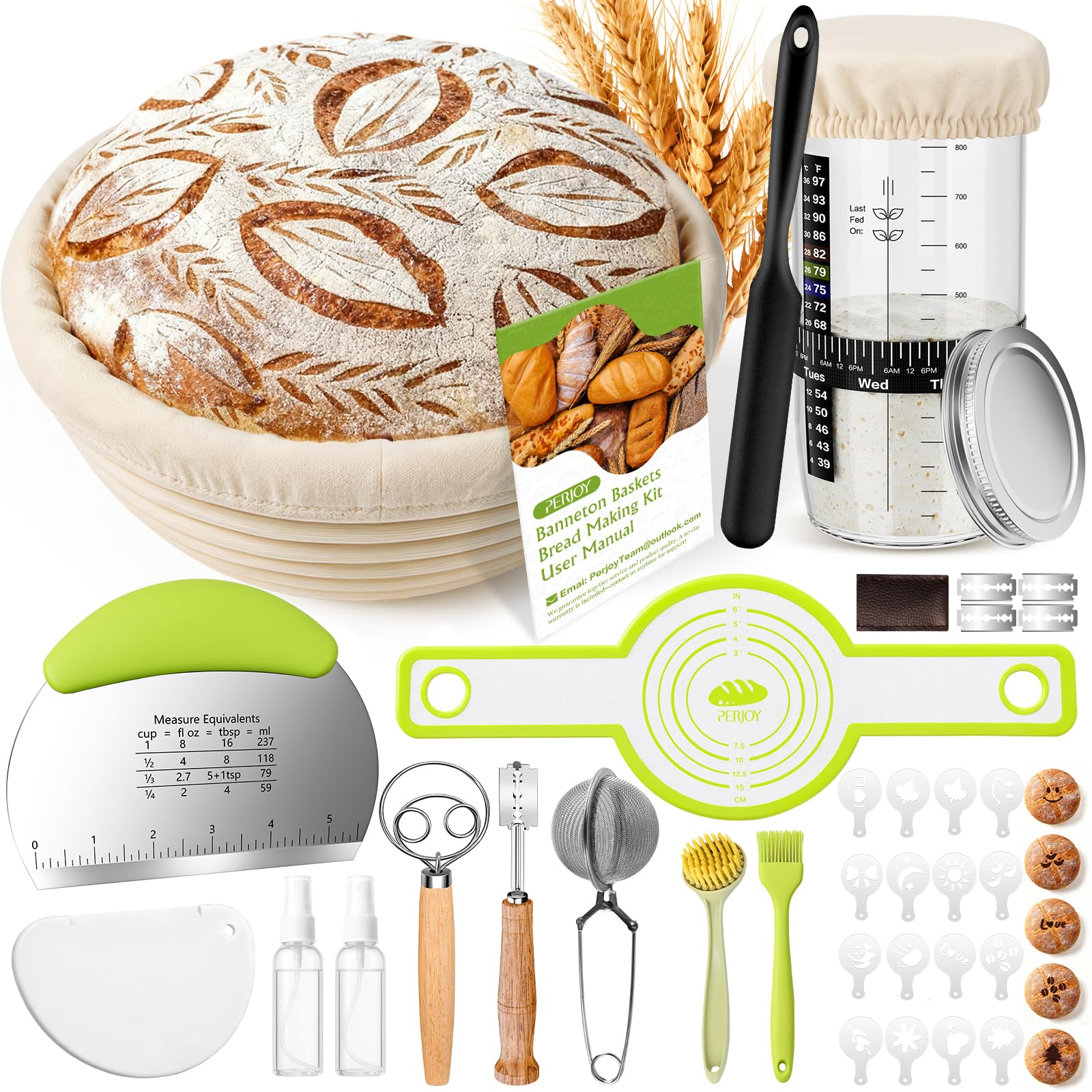 Perjoy kit de masa madre con cesta de fermentación redonda para dar forma uniforme al pan.
