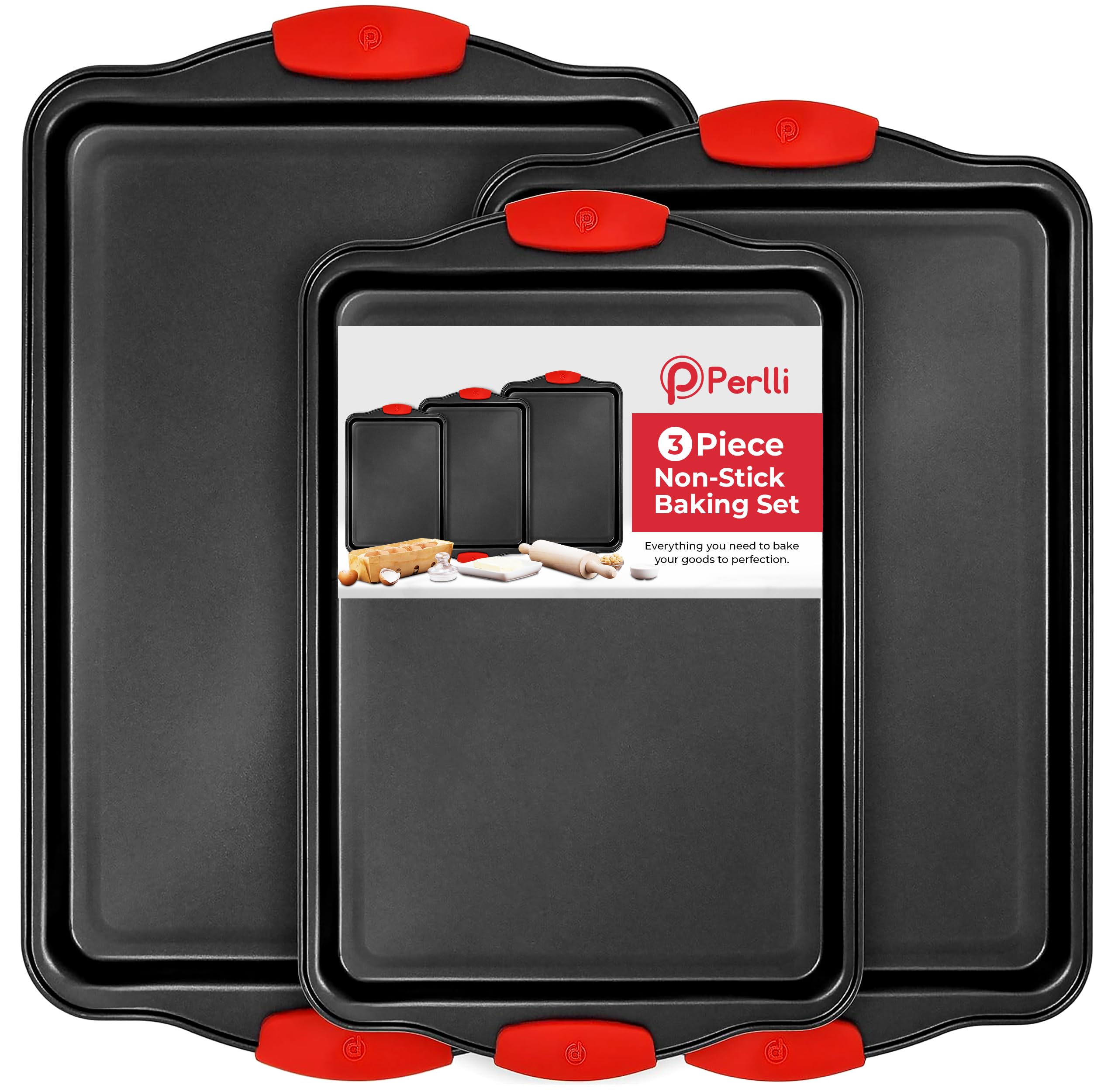 PERLLI set de horneado 3 piezas mostrando bandejas antiadherentes para hornear