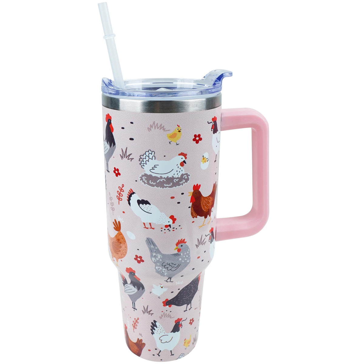 Vaso PERRIFIC 40oz con diseño pollo y gallo, ideal para bebidas calientes o frías.