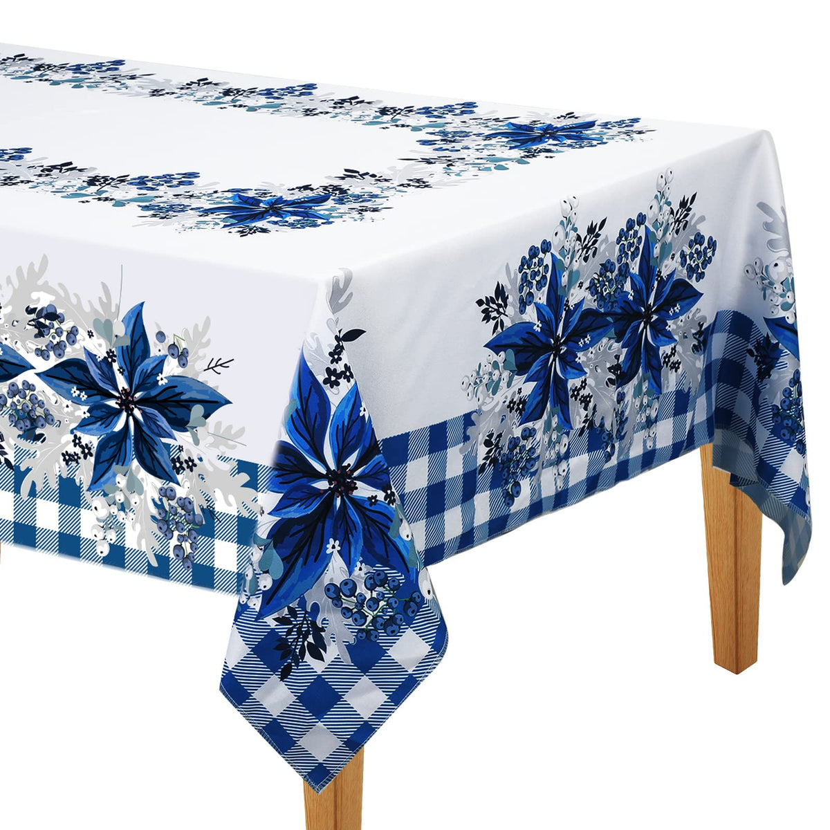 Mantel Peryiter azul y blanco con poinsettia, ideal para cenas navideñas.