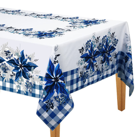 Mantel Peryiter azul y blanco con poinsettia, ideal para cenas navideñas.