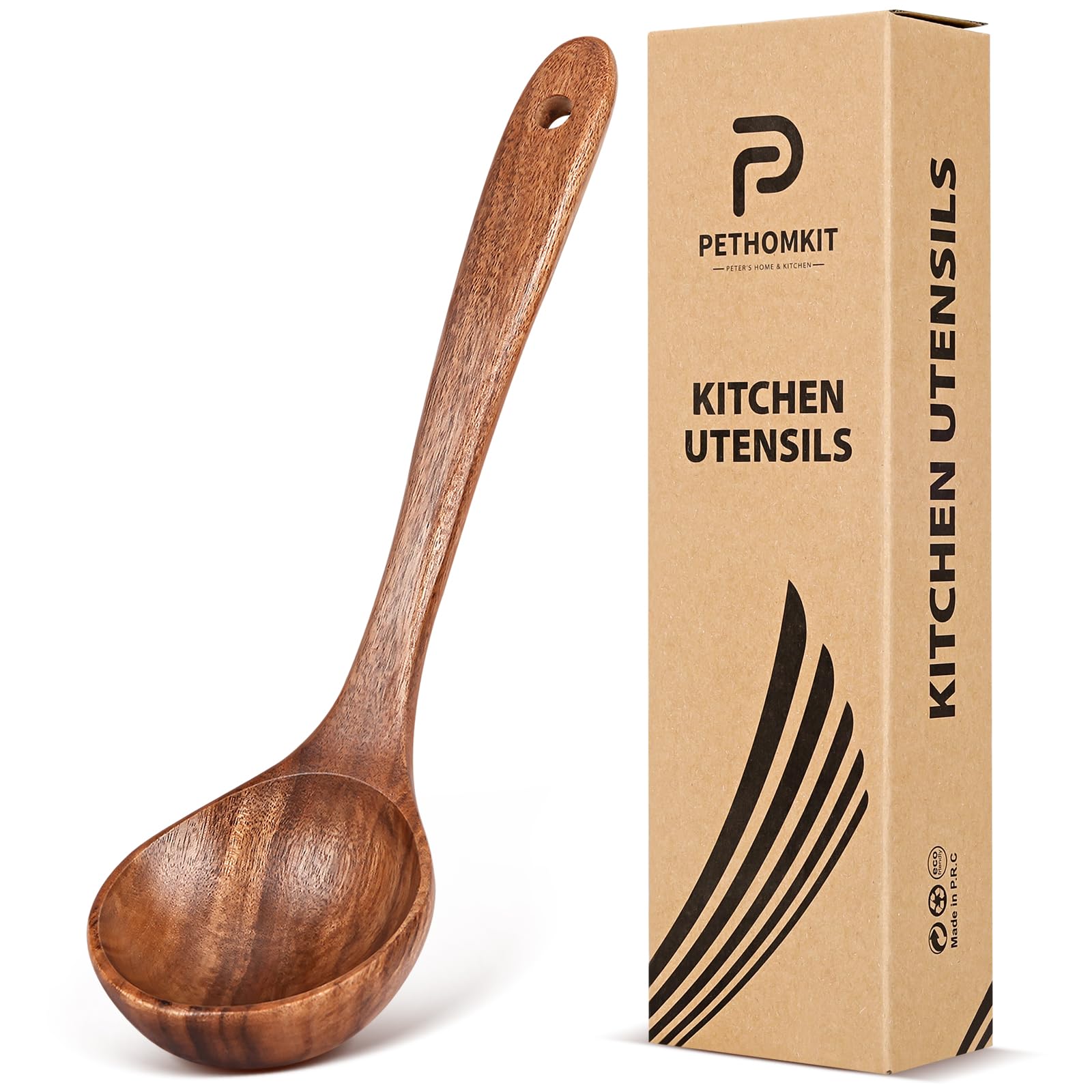 Cucharón de sopa pethomkit en madera de teca, ideal para servir sin rayar ollas.