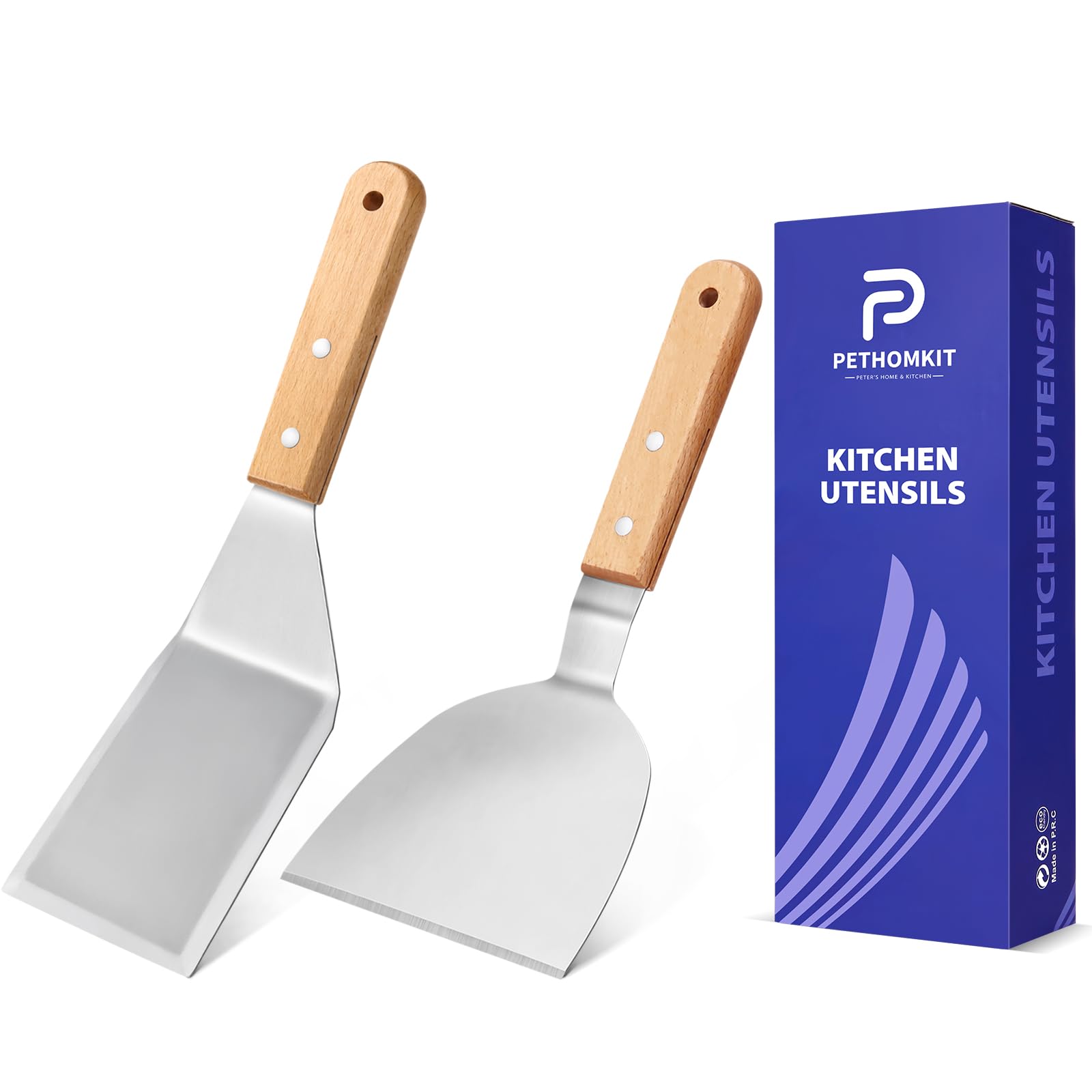 Espátula de metal con mango de madera PETHOMKIT, dos piezas para cocina diaria.