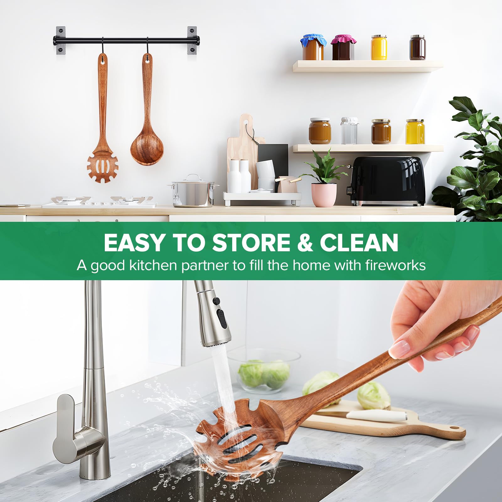 Limpieza manual de utensilios PETHOMKIT en teca para conservar la madera.