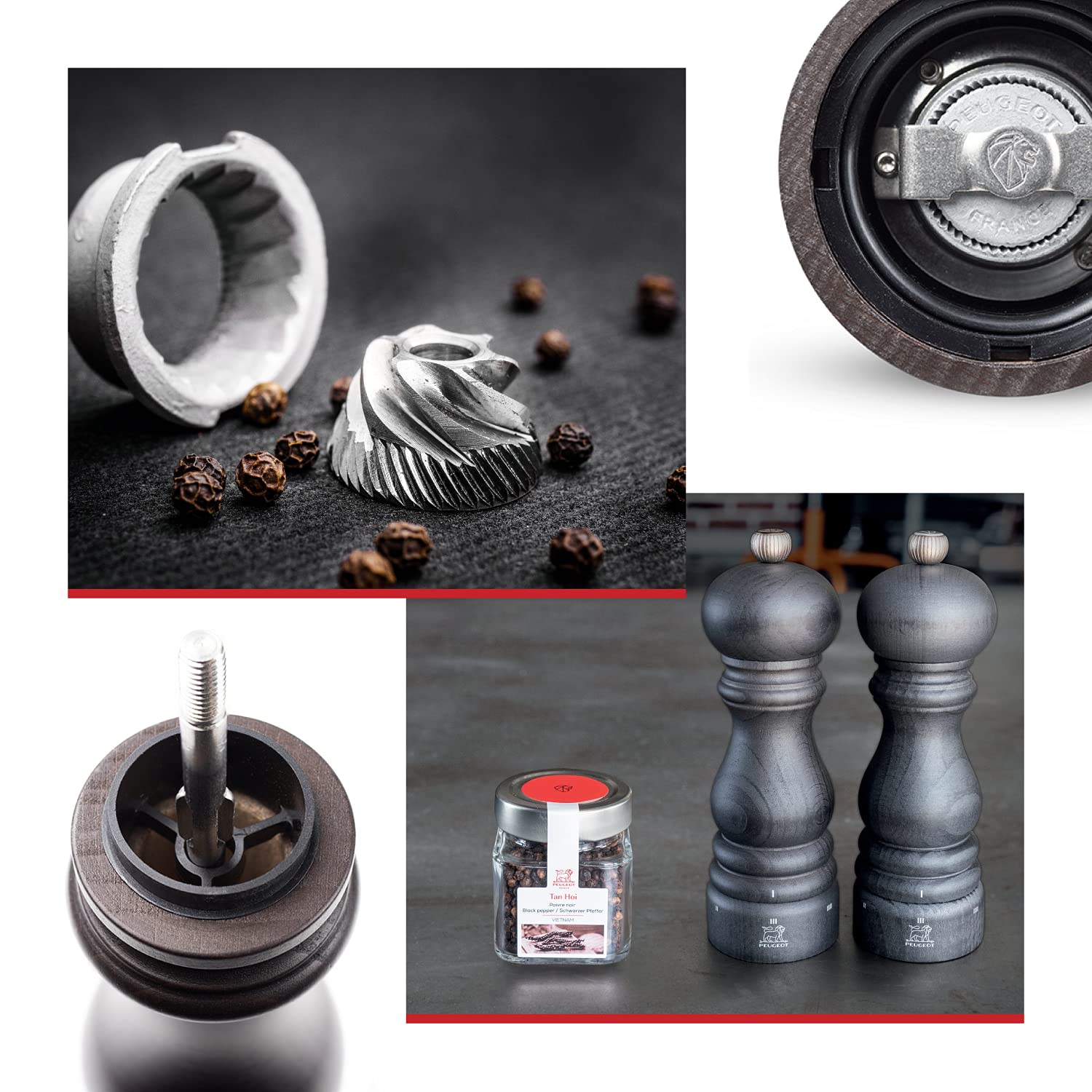 Detalle del mecanismo de acero inoxidable para molienda duradera en Peugeot Paris.