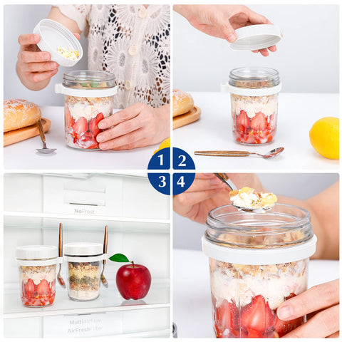 Conjunto blanco PFUM frascos de avena nocturna para almacenamiento ordenado.