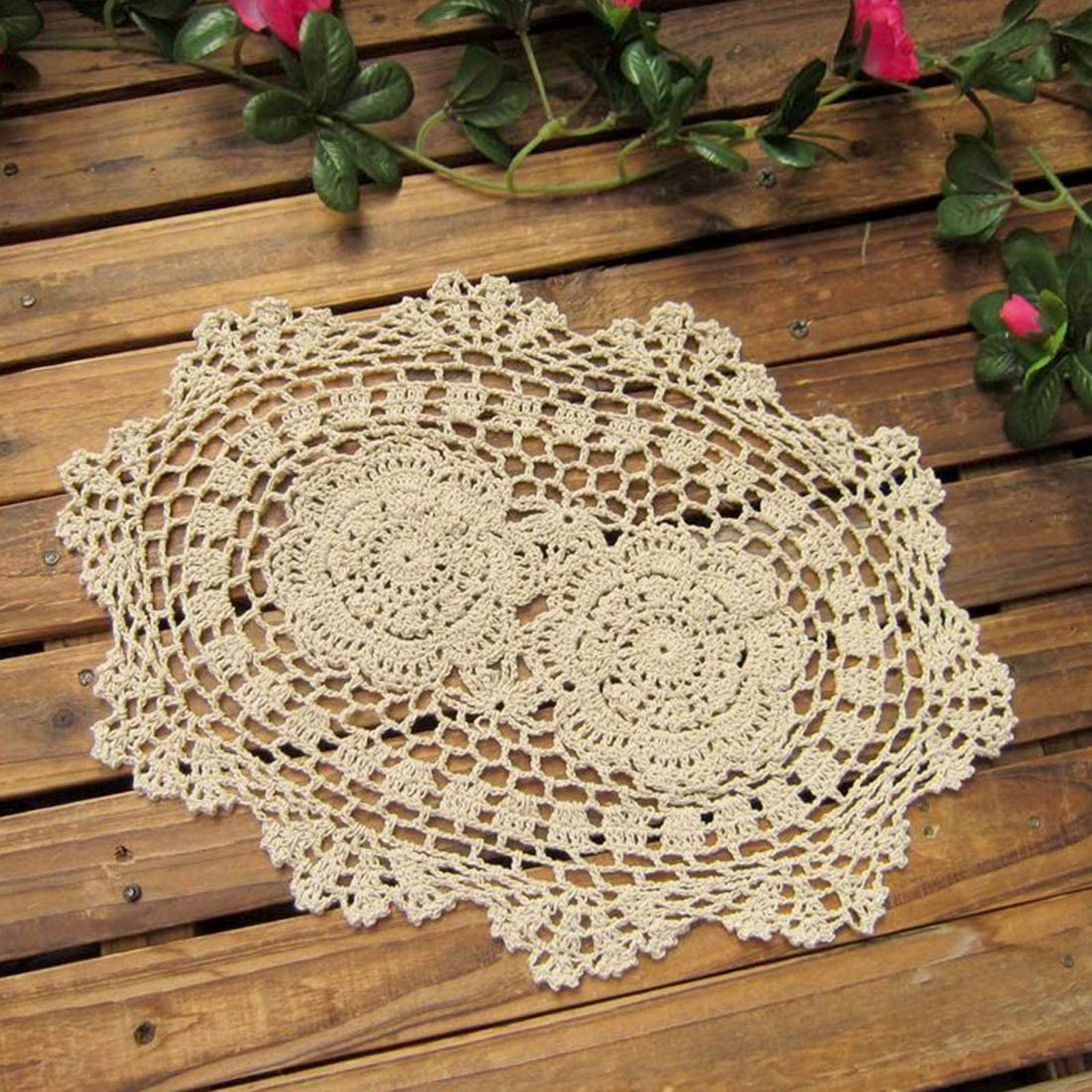 Phantomon mantel individual de encaje crochet oval beige, protege la mesa y decora.
