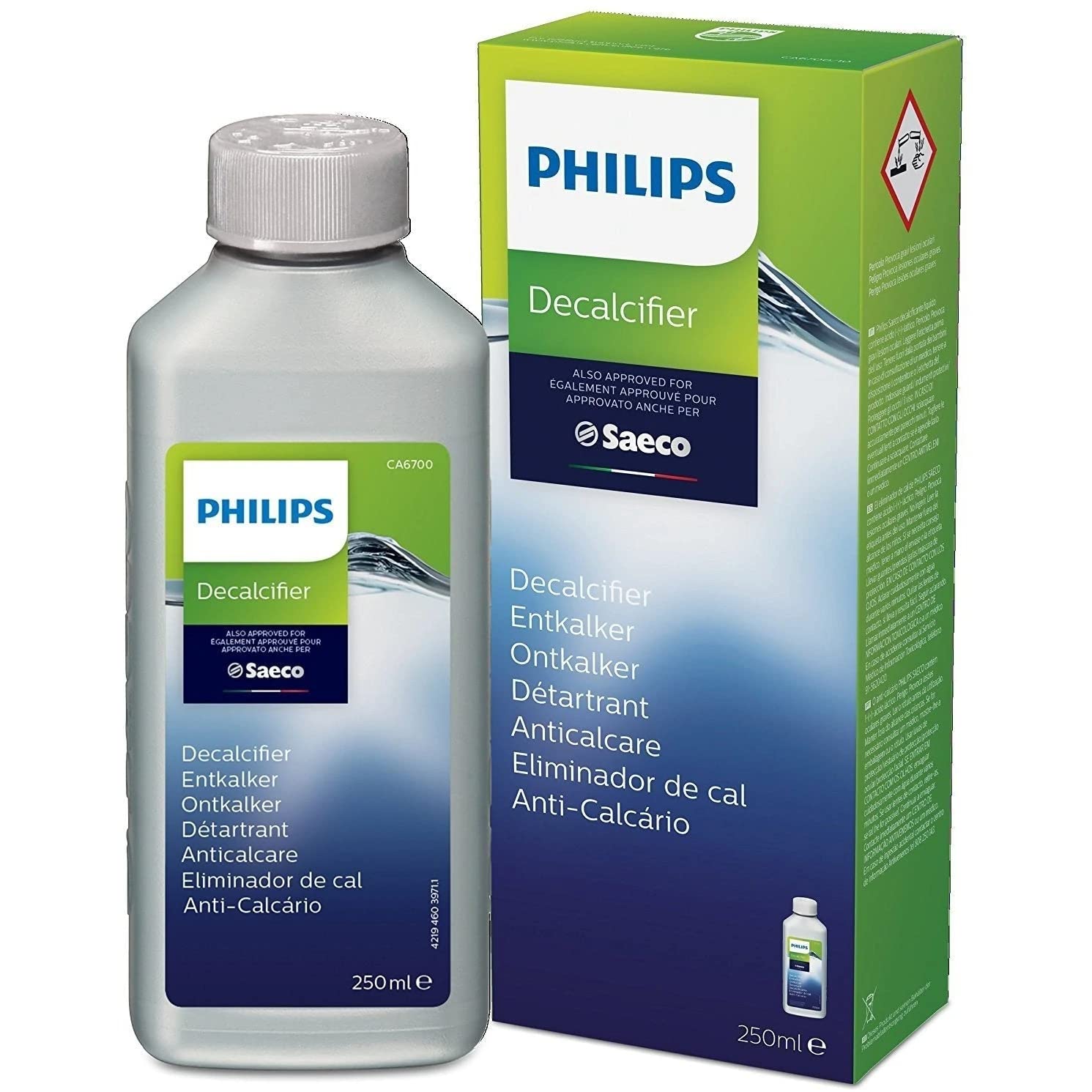 Descalcificador Philips Saeco listo para ciclo de descalcificación en máquina espresso.