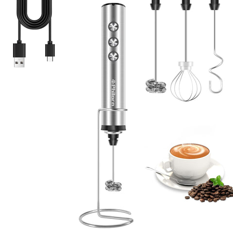 Philorn frother-cafe-cargable-con-soporte facilita almacenamiento y uso diario.