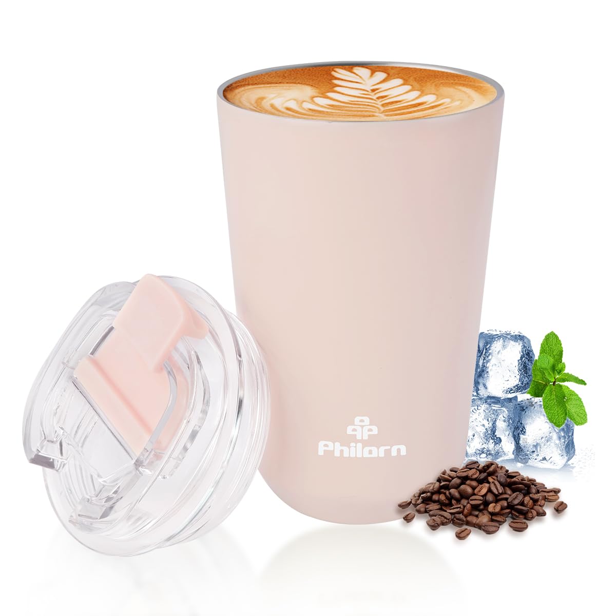 PHILORN tumbler rosado con tapa hermética para evitar derrames en viajes.