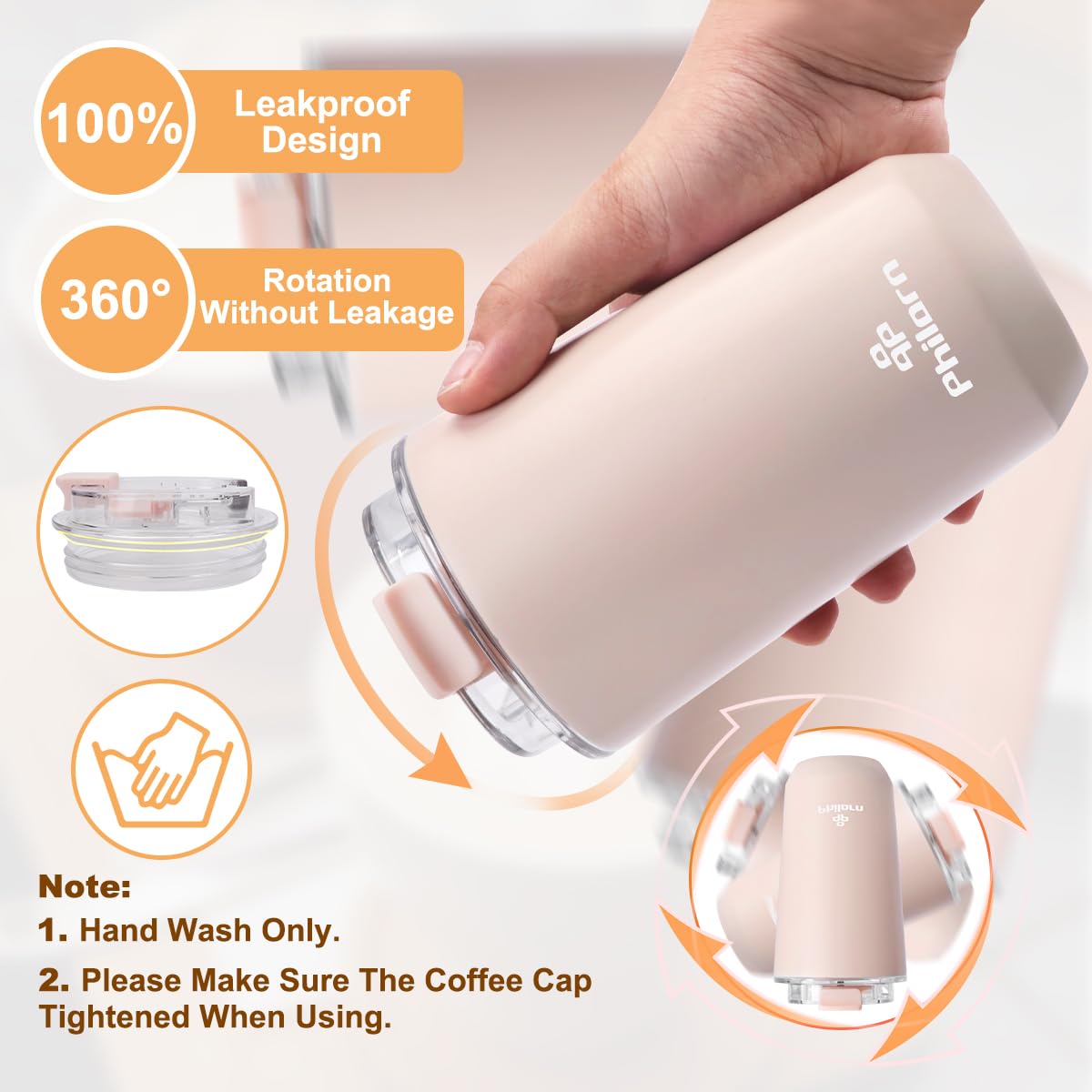 PHILORN tumbler rosado perfecto para uso diario en oficina o fuera de casa.