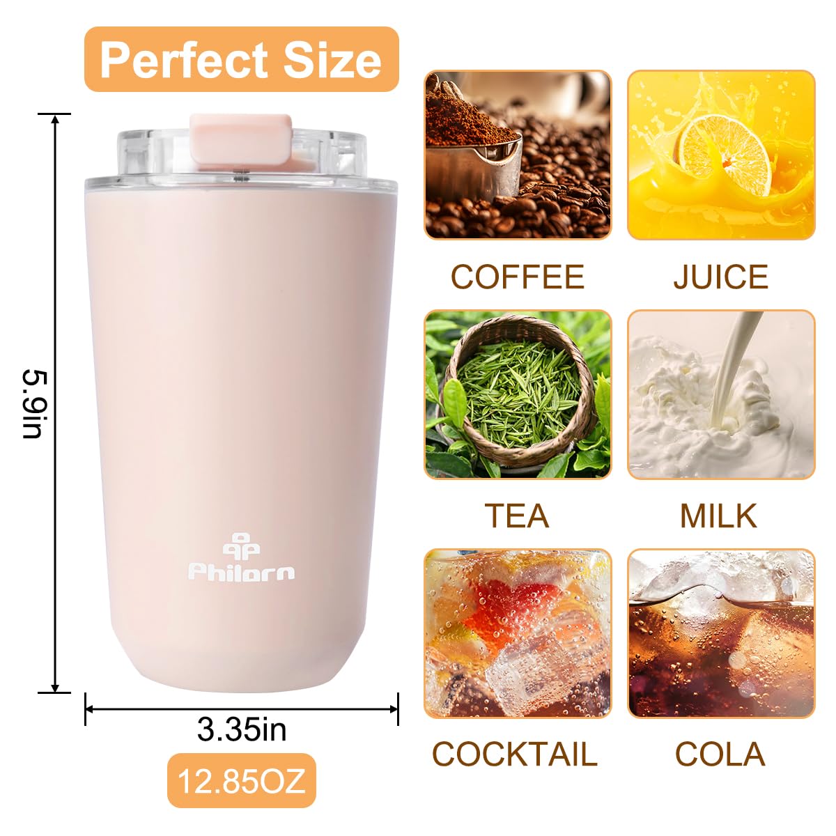 PHILORN tumbler rosado ideal para usar en el coche durante los desplazamientos.