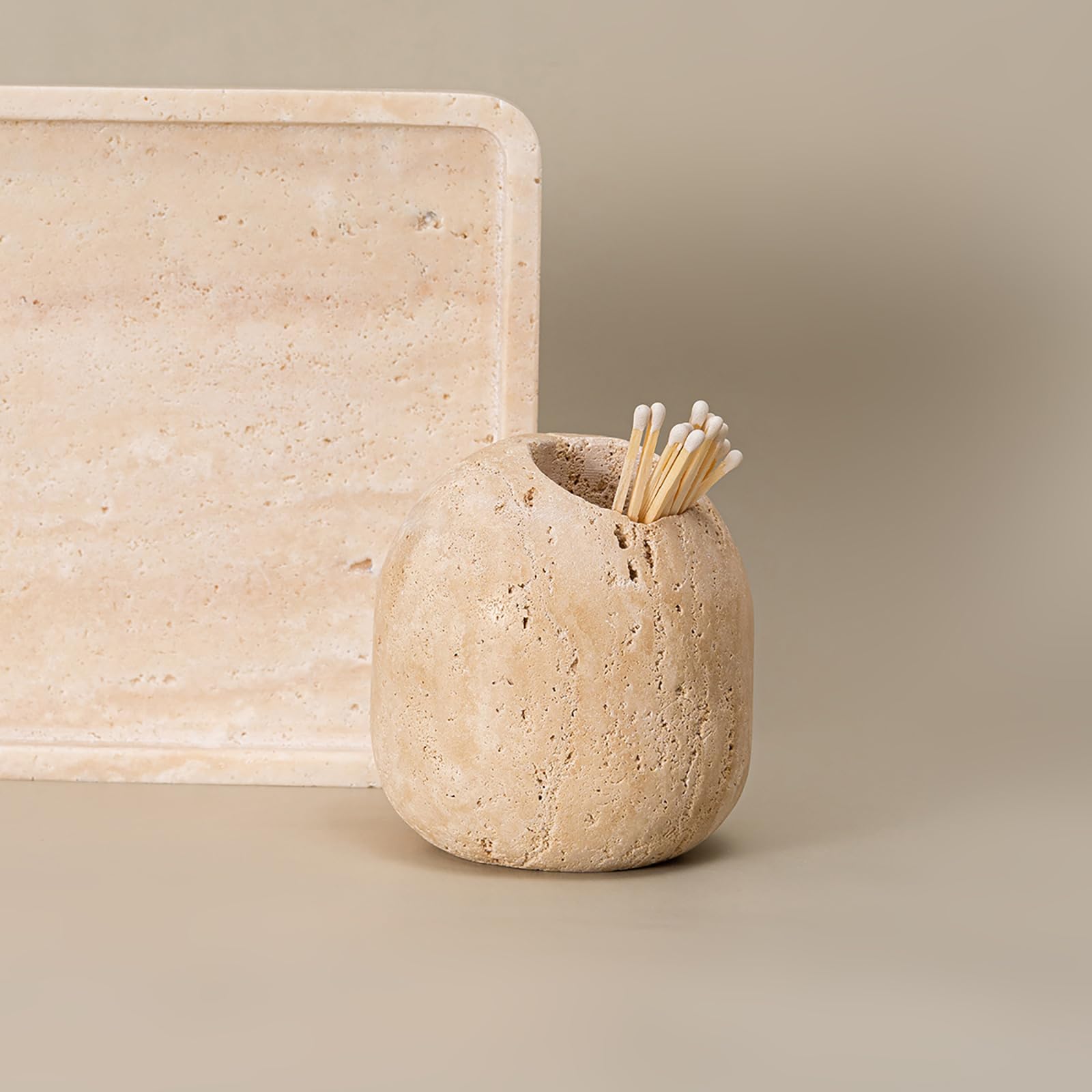 PHINILUX frasco de fósforos travertino beige, almacenamiento práctico y bonito