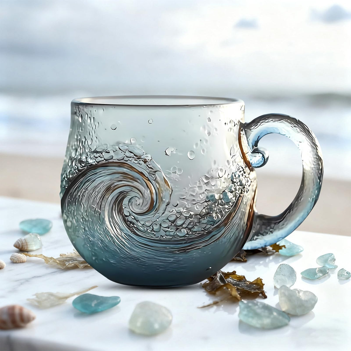 PHONORY vaso-onda-mar-12oz: diseño artesanal para té, café o cócteles.