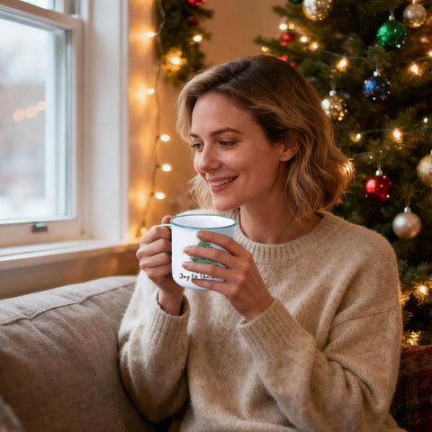Taza Pickmesh con diseño Feliz y Brillante, ideal para cacao y té.