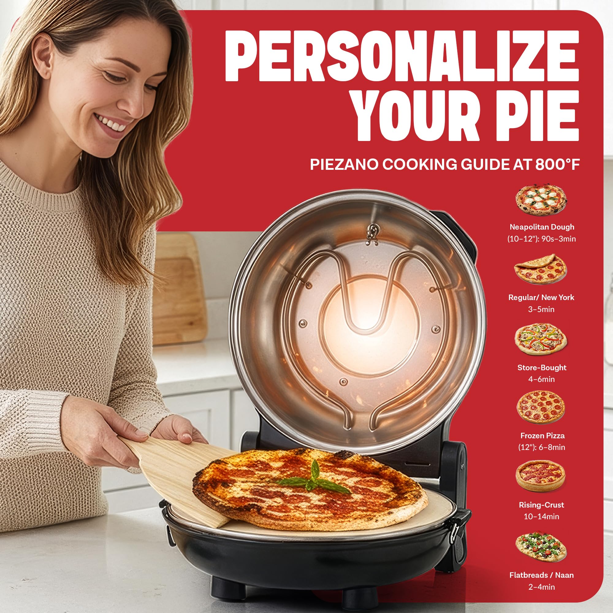 PIEZANO XL permite cocción a 800°F para pizzas en minutos.