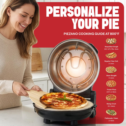 PIEZANO XL permite cocción a 800°F para pizzas en minutos.