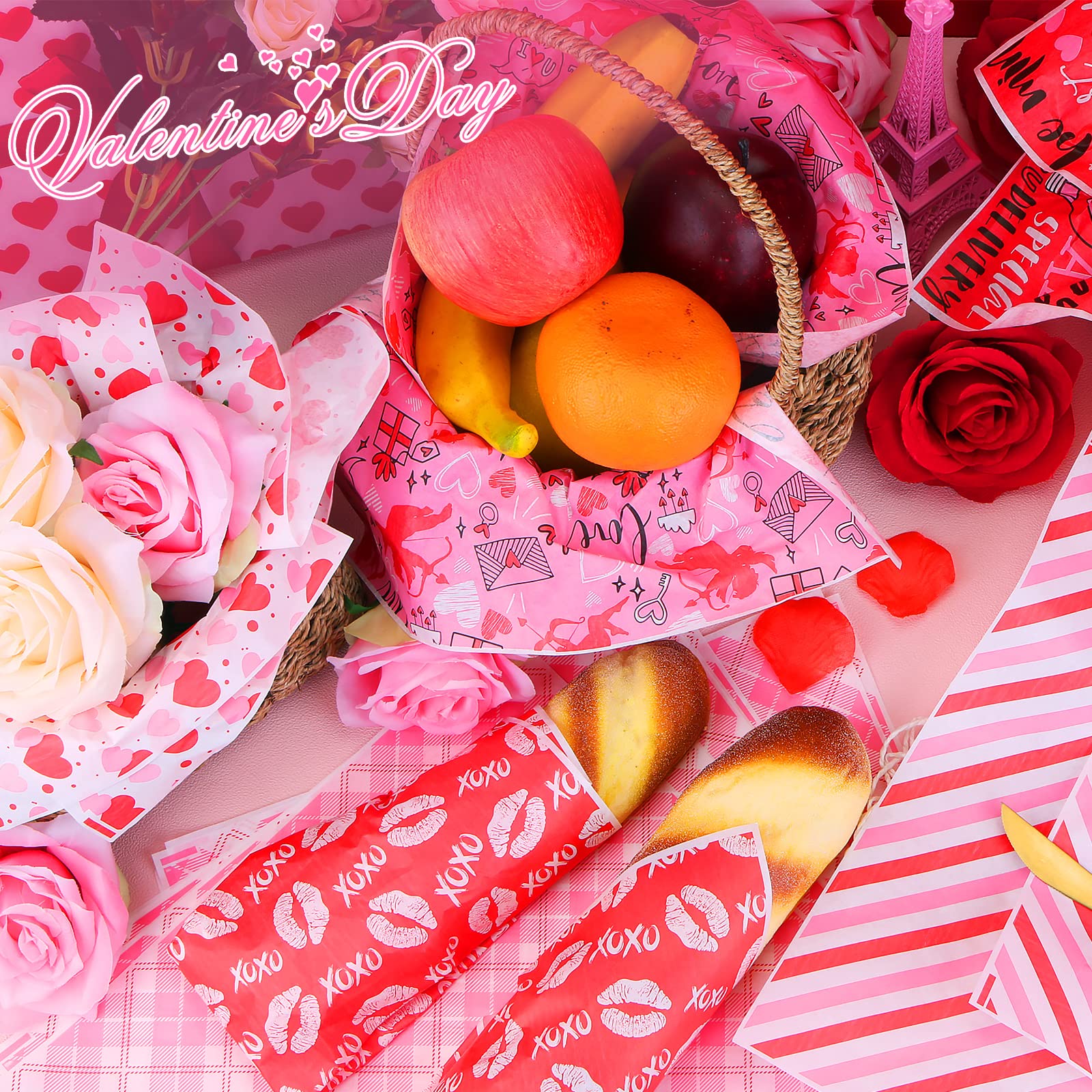 Piklodo papel encerado 12x12 corazones rojos, envoltorio temático para regalos.