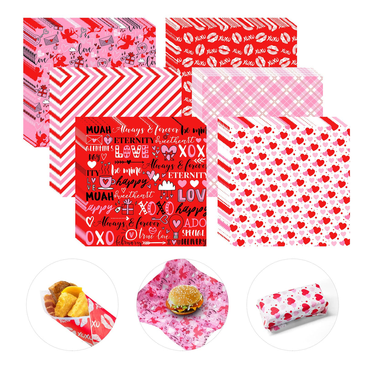 Piklodo papel encerado 12x12 con corazones rosa, envoltorio decorativo para regalos.