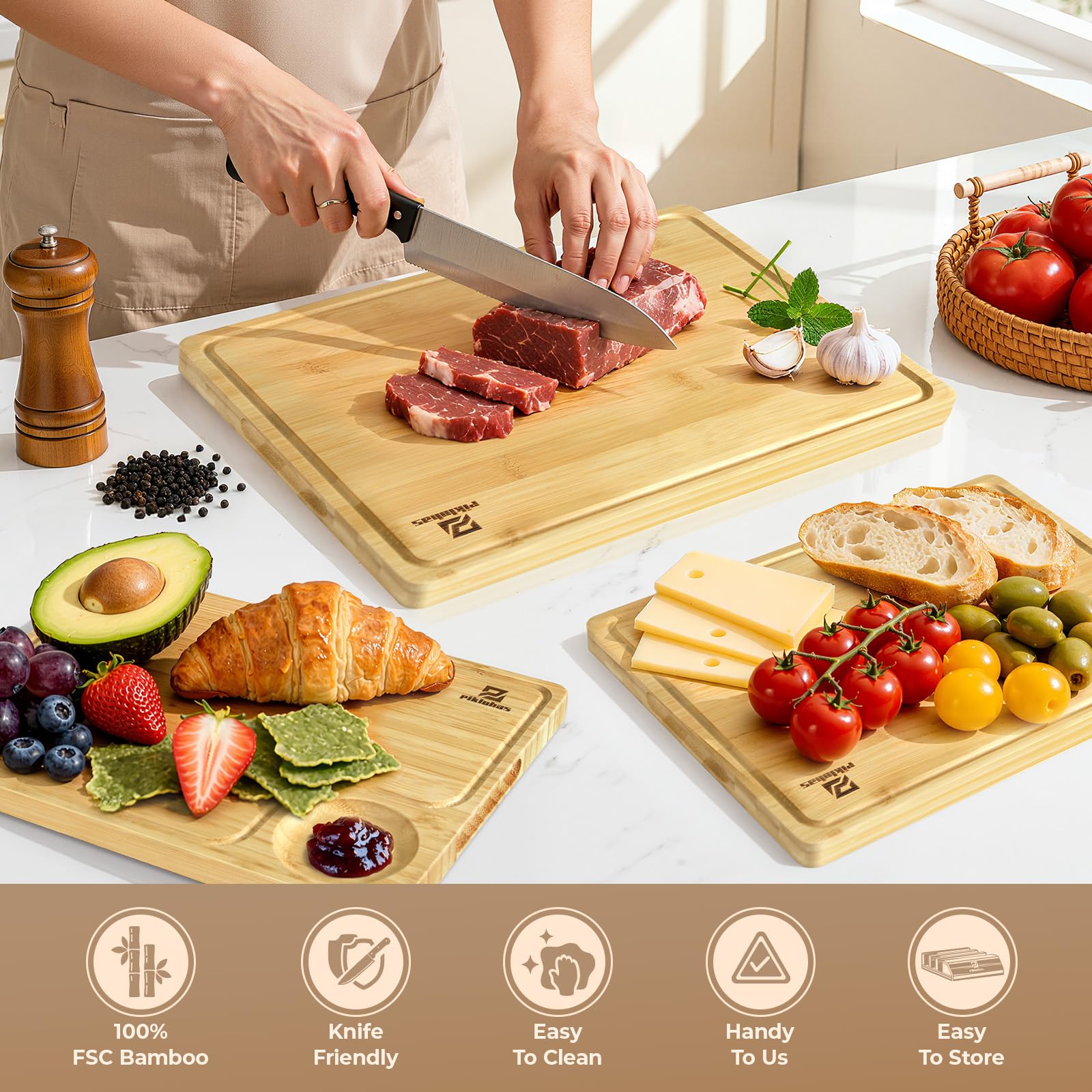 Piklohas tabla corte bambú grande 2, ideal para quesos, frutas y verduras