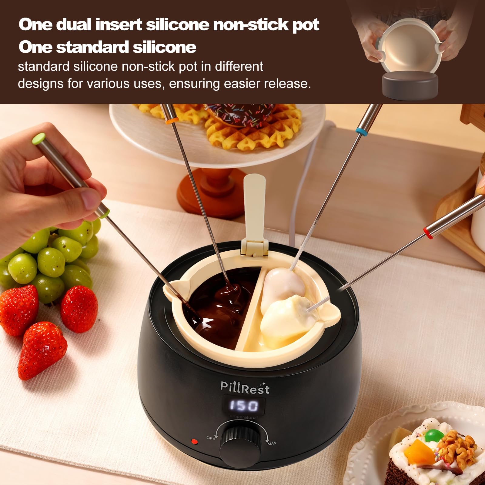 PillRest fondue eléctrica con 2 cuencos de silicona para derretir y servir.