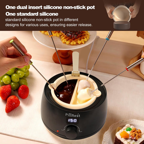 PillRest fondue eléctrica con 2 cuencos de silicona para derretir y servir.
