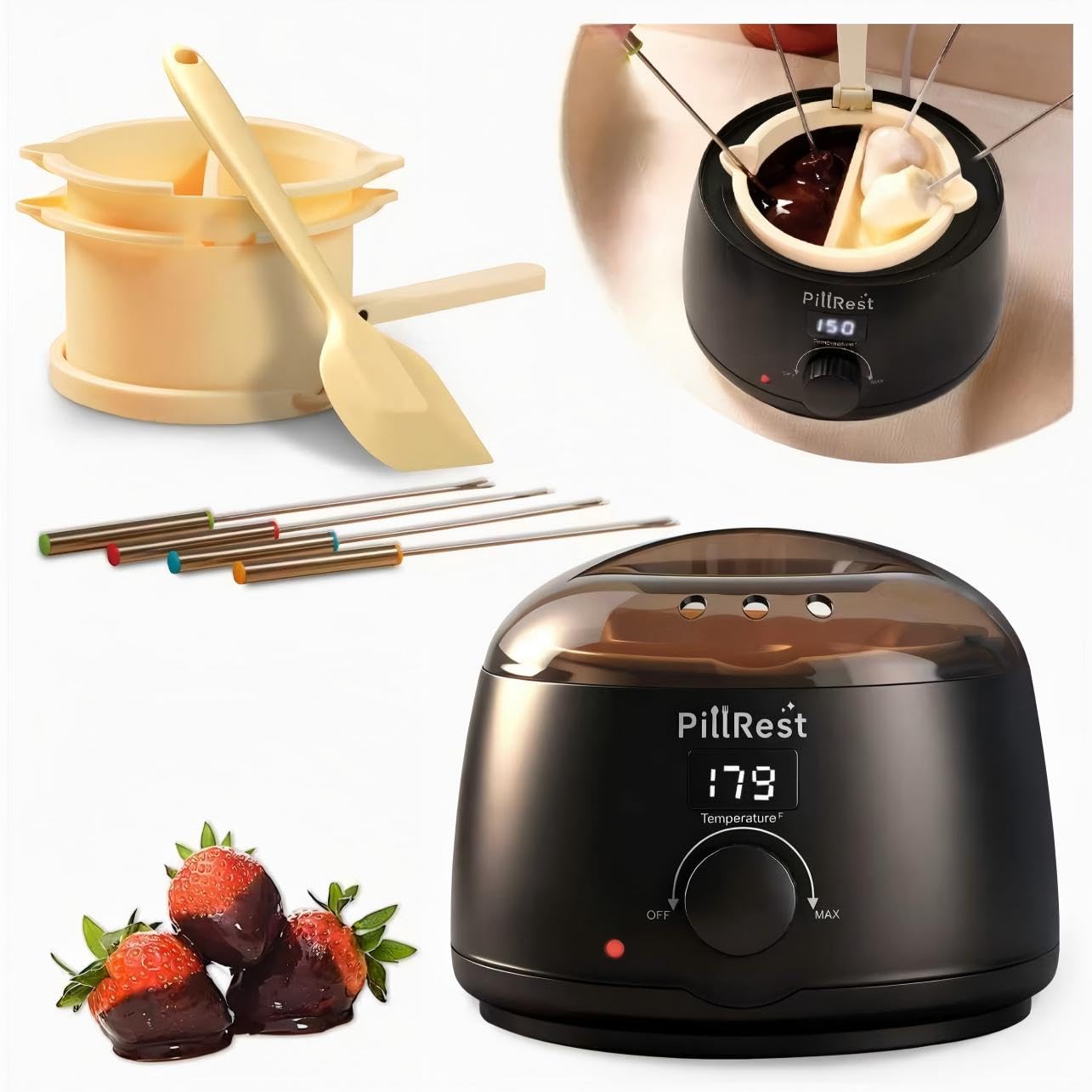 PillRest olla derretidora chocolate con doble cuenco para derretir y servir.