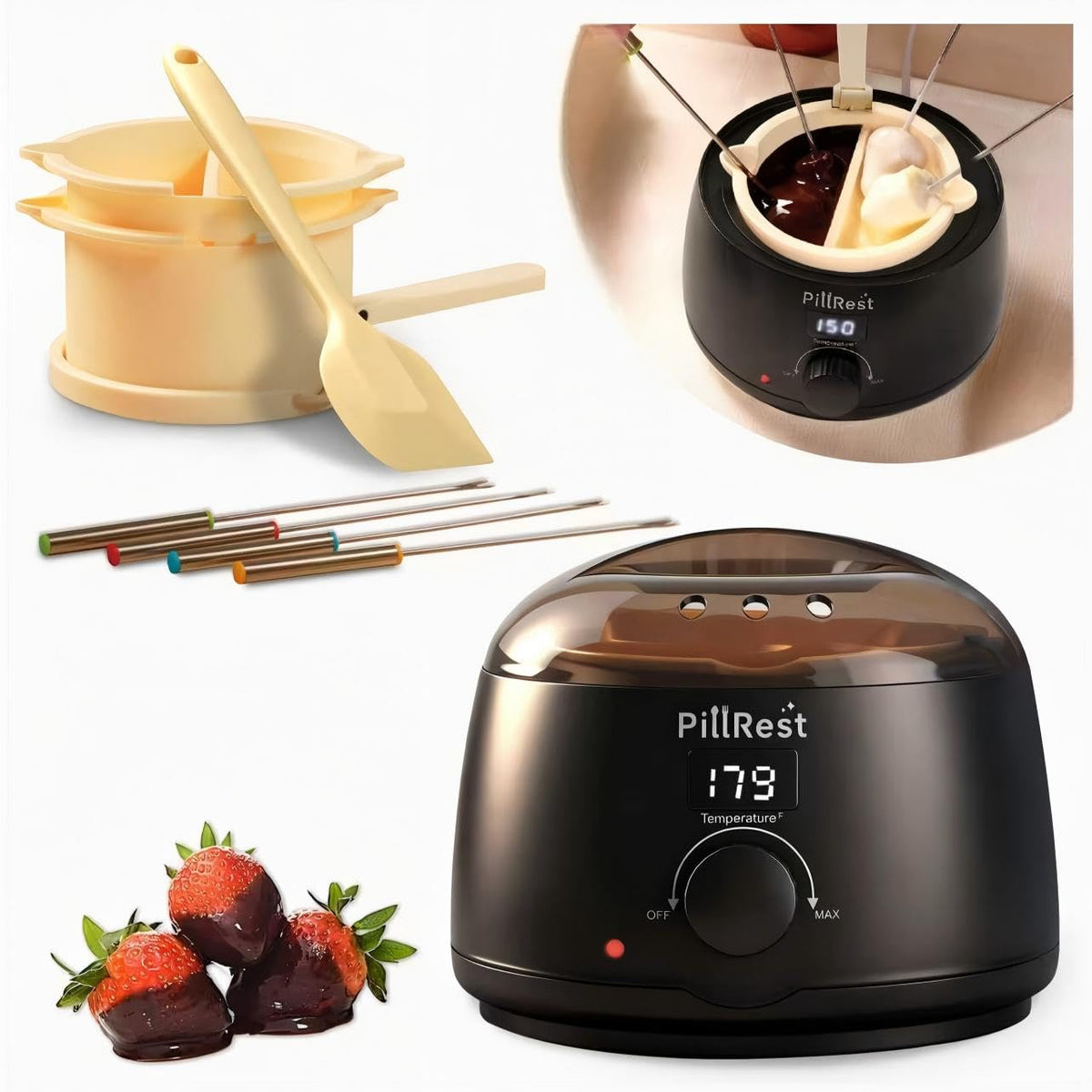 PillRest olla derretidora chocolate con doble cuenco para derretir y servir.