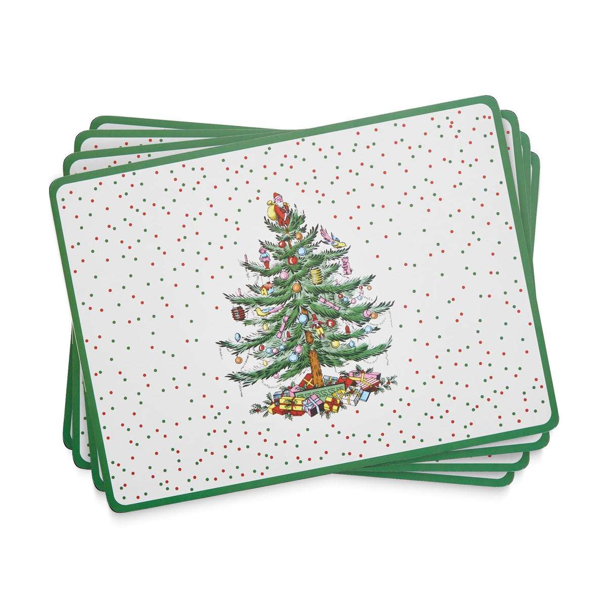 Manteles individuales Spode con árbol navideño y puntos rojos y verdes para comer con estilo.