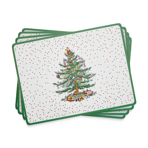 Manteles individuales Spode con árbol navideño y puntos rojos y verdes para comer con estilo.