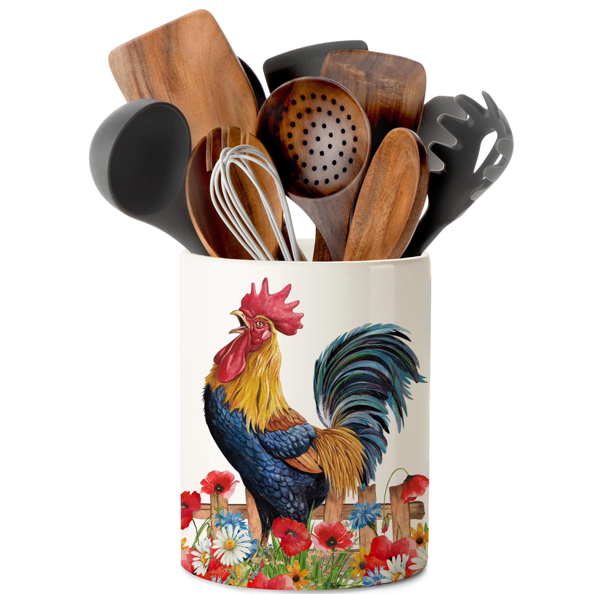 Pinata porta-utensilios de cocina cerámica con gallo, mantiene orden y añade encanto rural.